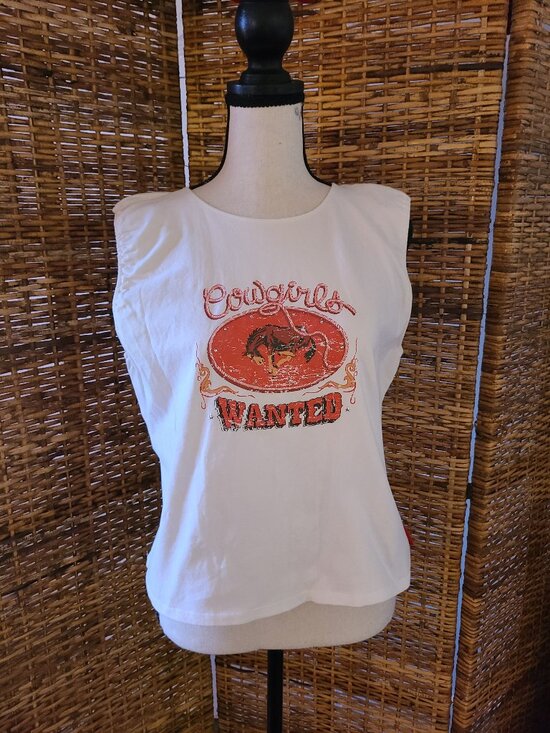 DKNY Jeans Sleeveless Graphic Print White Women's Size XL Cowgirls Wanted Bling - Picture 1 of 5